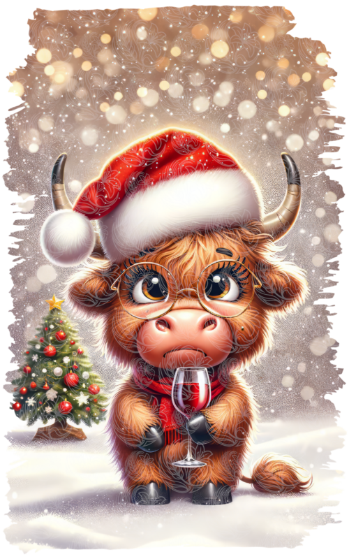 Highland cow christmas design wearing Santa hat and glasses holding wine glass beside decorated tree, Grey Barn Handwerk, Saskatchewan.